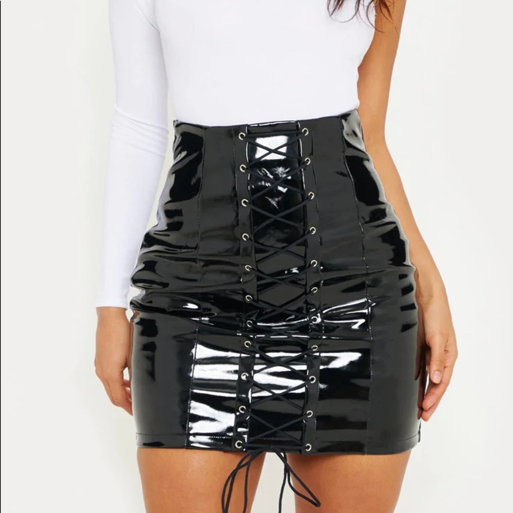 Black Lace Up Vinyl Mini Skirt